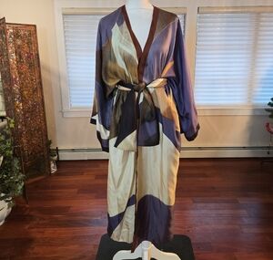 100% Italian Silk Kimono Abstract Art Robe Duster Custom Made In Italy XL